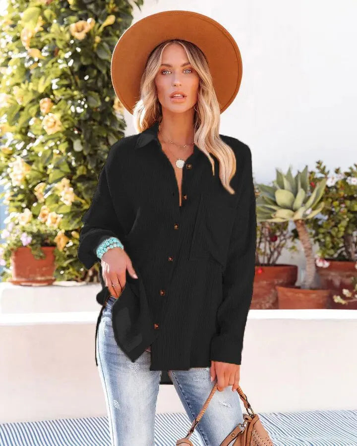 Grace – Relaxed button-up overhemd met opgerolde mouwen en borstzak