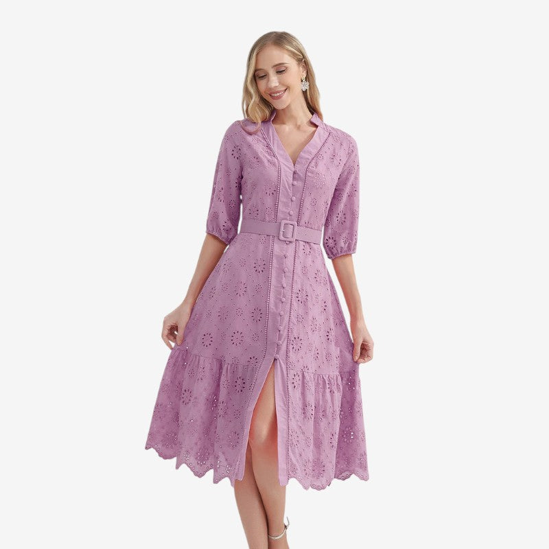 Nancy - Korte Mouwen Jurk met Opstaande Kraag en Knoopsluiting