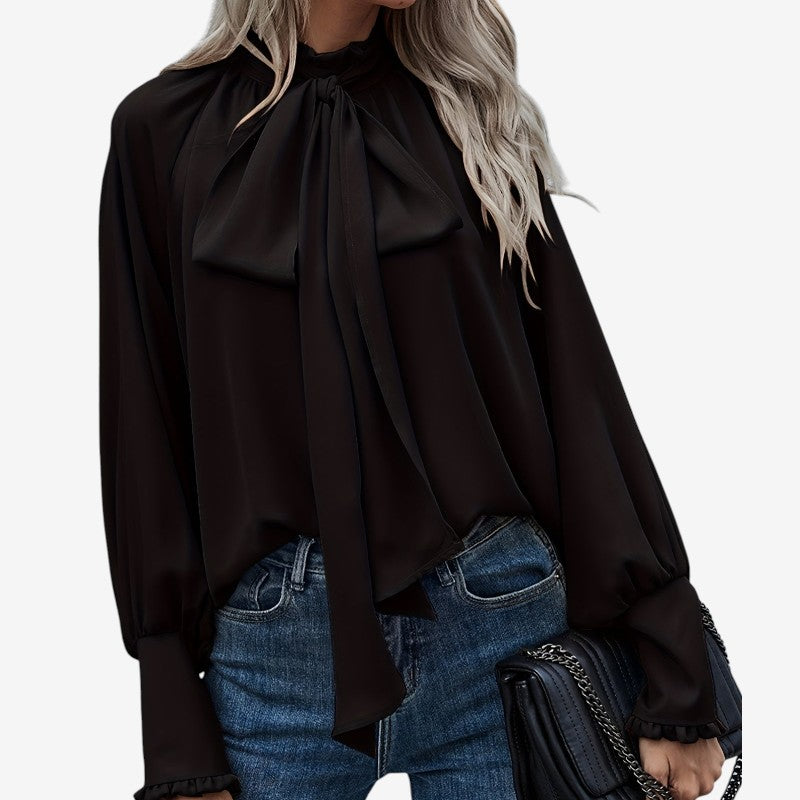 Natalie - Blouse met Strik aan de Hals en Pof Lange Mouwen