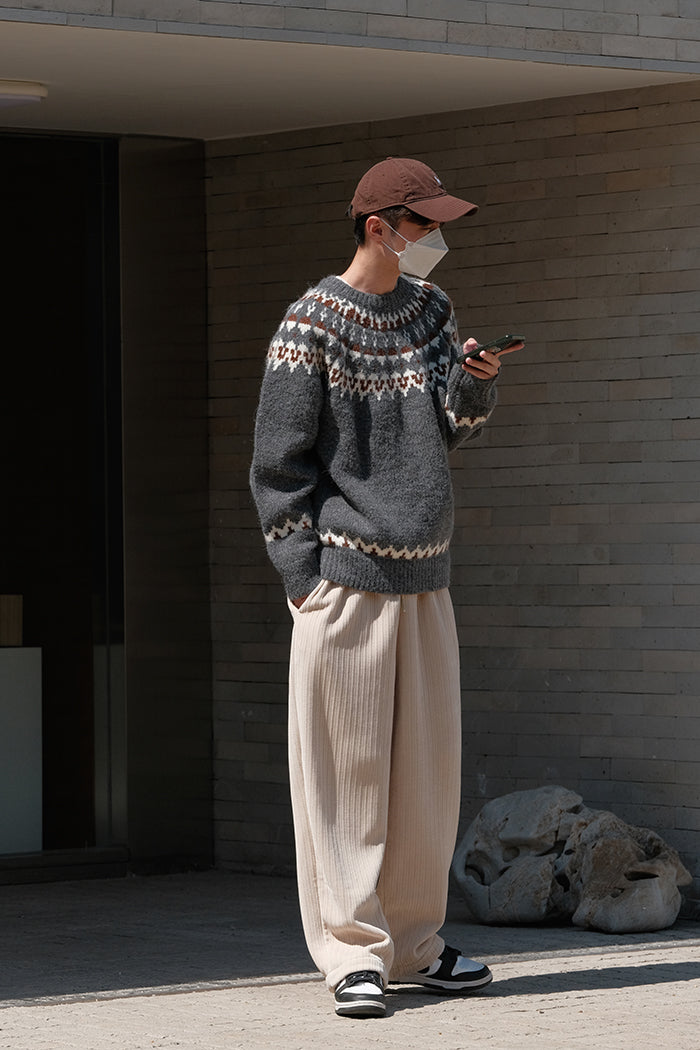 Lina - Slim Fit Fair Isle Trui met Geribde Boorden