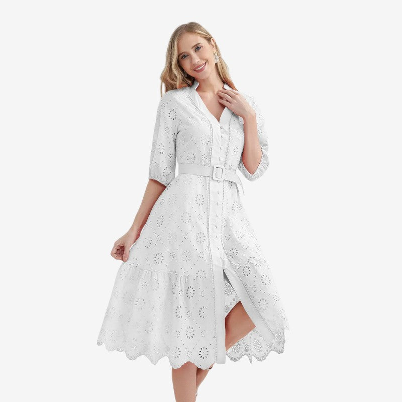 Nancy - Korte Mouwen Jurk met Opstaande Kraag en Knoopsluiting