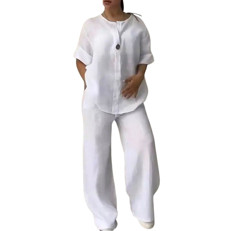 Liora – Losvallend Tweedelig Set met V-Hals Top en Broek met Wijde Pijpen