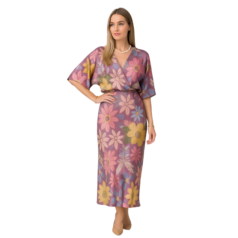 Emilia – Lange maxi jurk met bloemenprint en knopen aan de voorkant wijde mouwen