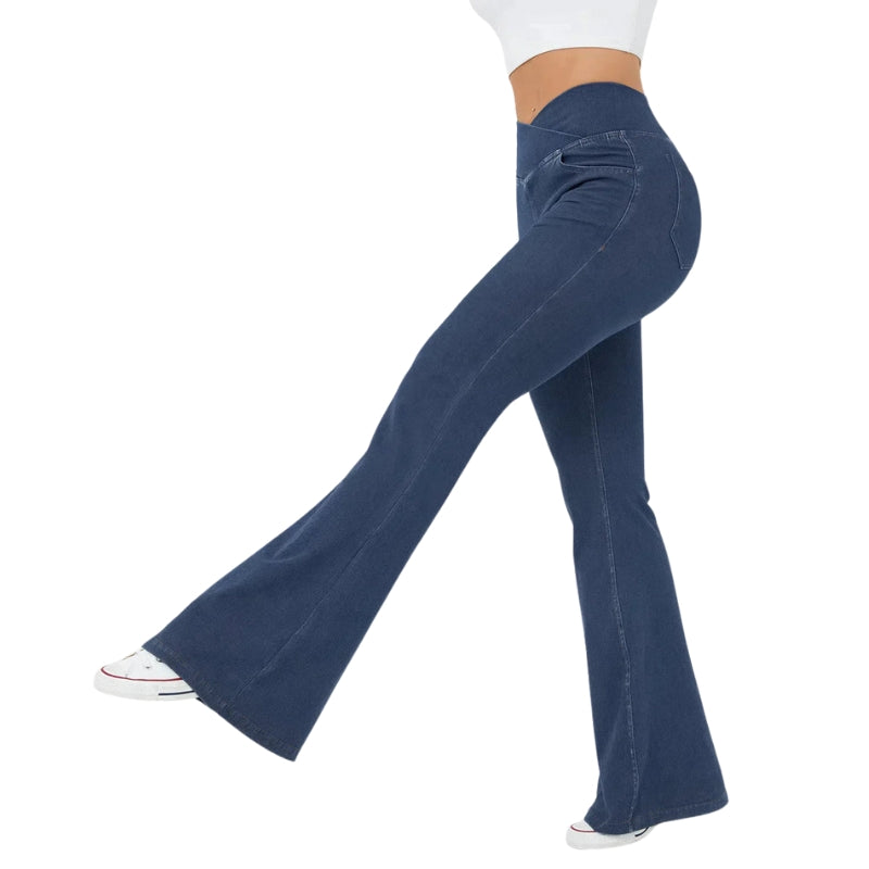 Aria – Retro hoge taille Uitlopende Jeans met Kruisende Tailleband