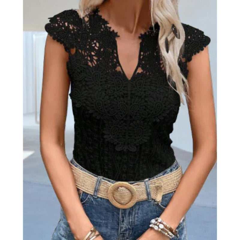 Emma – Trendy kanten V-hals top met kapmouwen