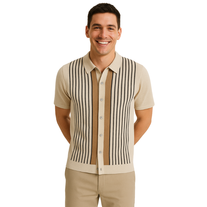 John – Gestreept shirt met korte mouwen, neerklapkraag en knoopsluiting aan de voorkant