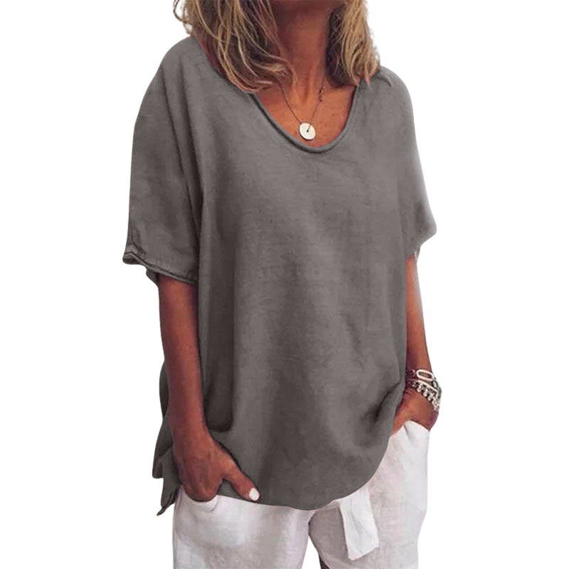 Evelyn - V hals Blouse met Korte Mouwen en Losse Pasvorm