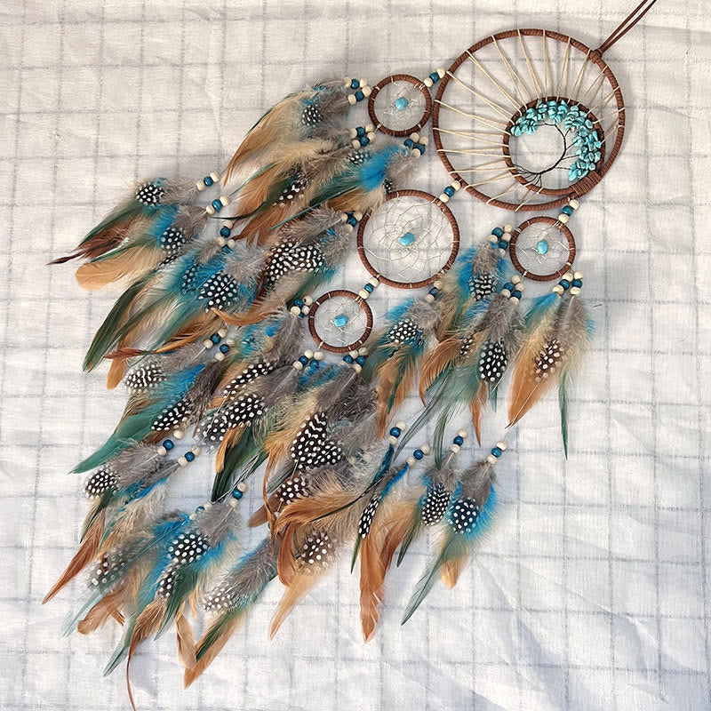 DreamAura – Turquoise Tree of Life Droomvanger met Veren voor Boho-geïnspireerde Decoratie