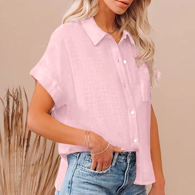 Kimberly – Blouse met Korte Mouwen Knopen en Voorzak