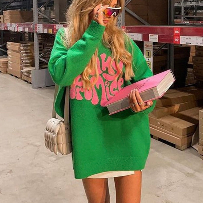 Beyonce - Lange Mouw Mini Trui Jurk met Ronde Hals en Geribbelde Details