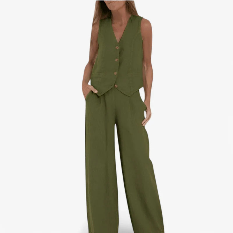 Lina - Elegante tweedelig set met knoopvest en wijde broek