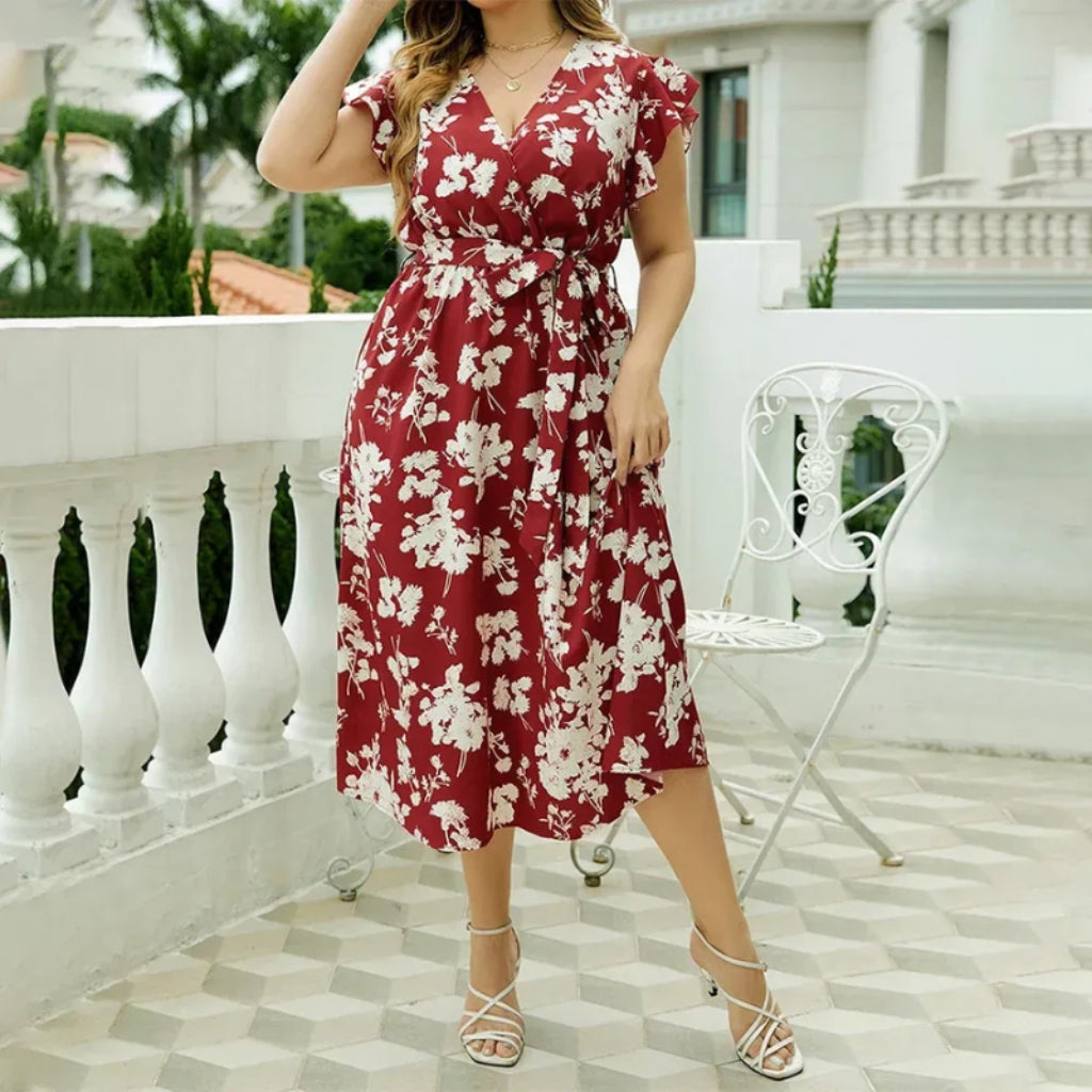 Yvonne - Plus Size A Lijn Midi Jurk met Floral Print en V Hals