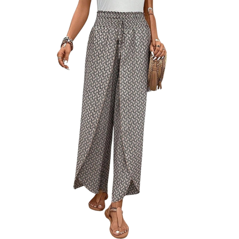 Alice – Wijde Pijpen Broek met Elastische Taille en Geometrisch Patroon