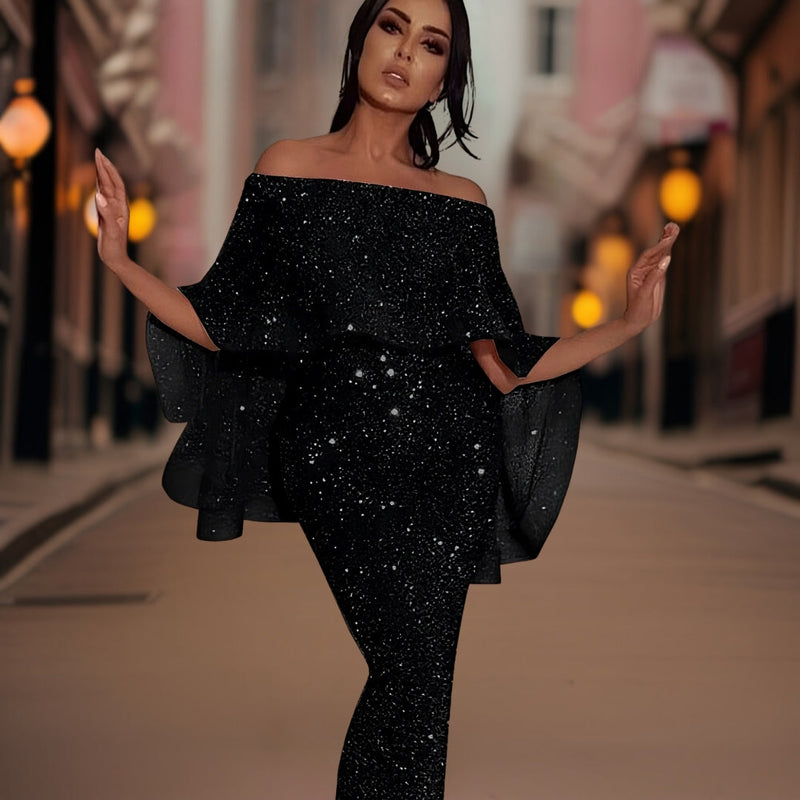 Celeste - Elegante off-shoulder jurk met vloeiende mouwen en getailleerd silhouet