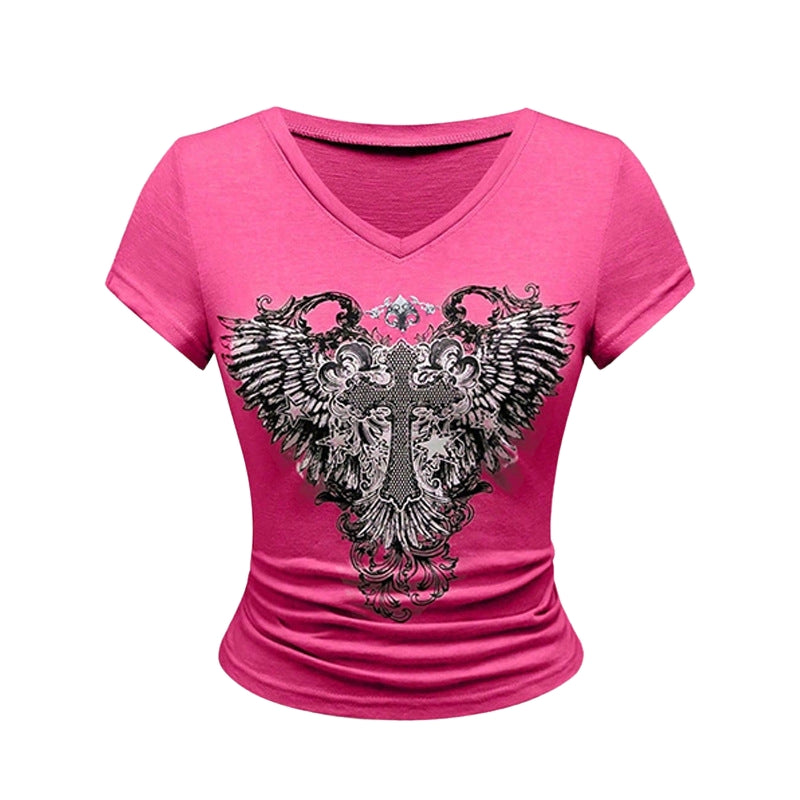 Layla - T Shirt met Grafisch Motief en V Hals