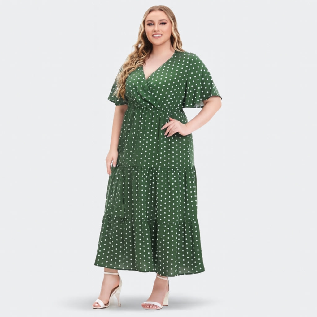 Ingrid - Plus Size Boho Maxi Jurk met Polka Dots en V-hals