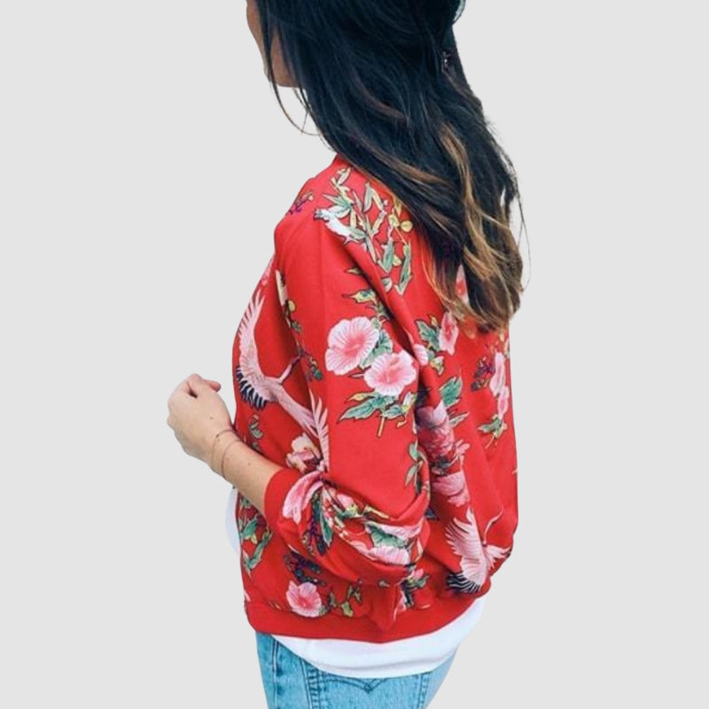 Leona - Bloemenprint Jas met Lange Mouwen en Rits Sluiting
