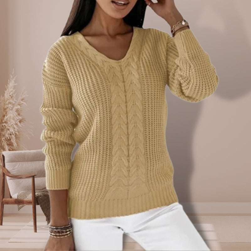 Elizabeth – Trui met Lange Mouwen V Hals en Geribbelde Details