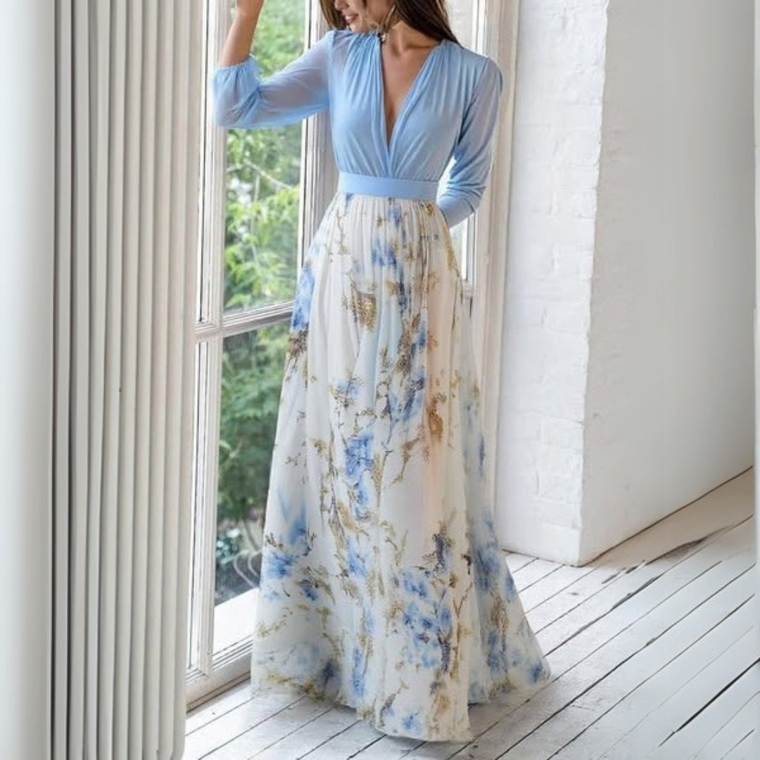 Emma - Bloemen Maxi Jurk met V Hals en Lange Mouwen