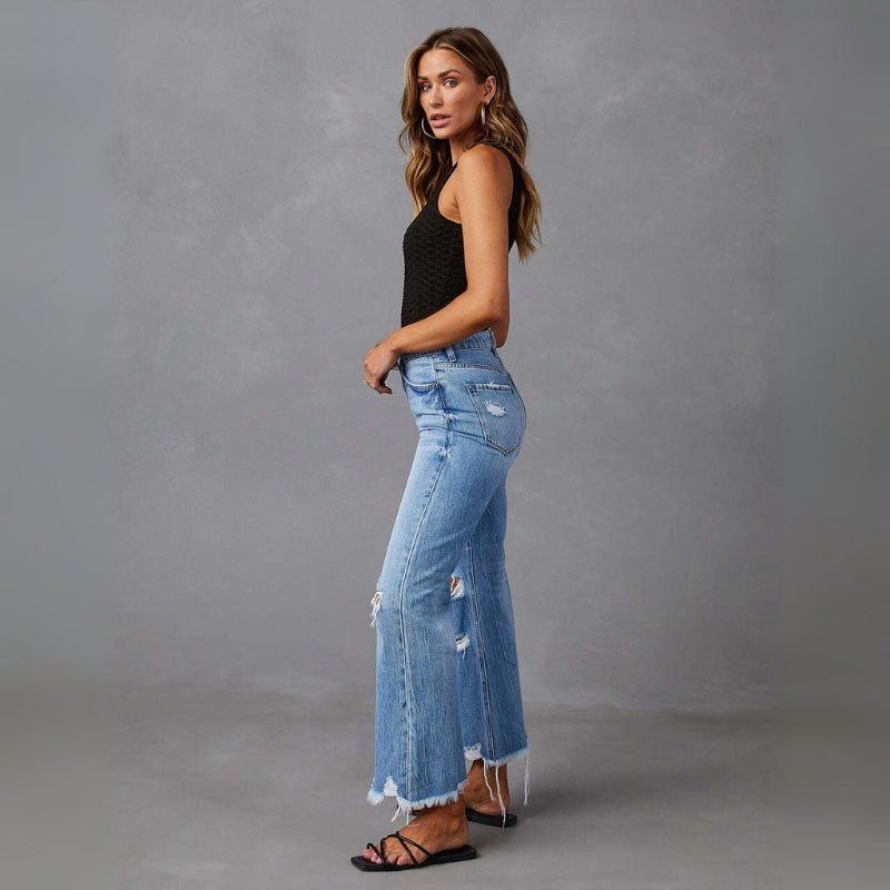 Madison – Skinny Broek met Hoge Taille en Versleten Details