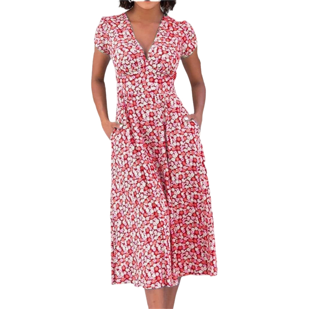 Emily - Midi jurk met bloemenprint V hals en zakken aan de zijkant
