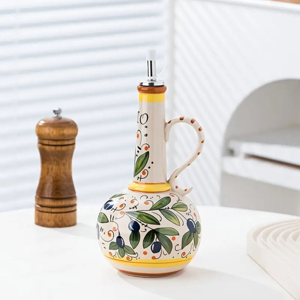 OliveBloom – Handbeschilderde dispenser-oliefles met bloemenmotief en smalle hals