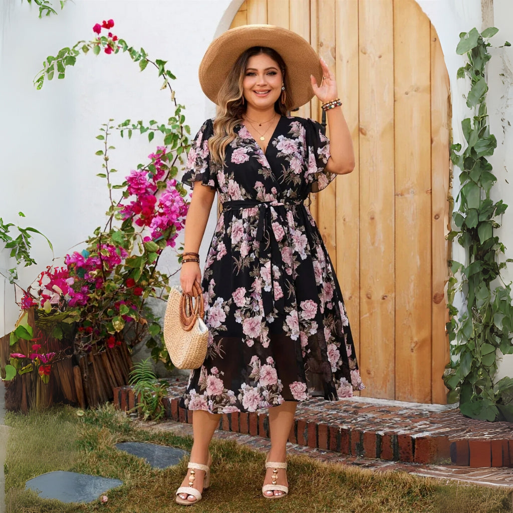 Linda - Plus Size Bloemen Midi Jurk met Vlindermouwen en Riem