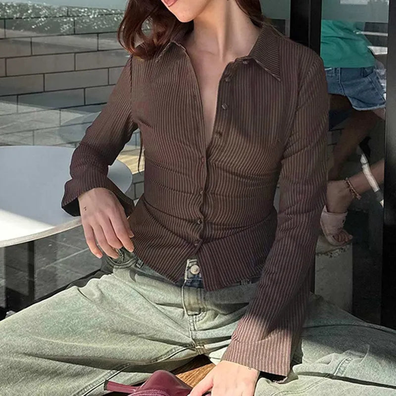 Riley - Blouse met Lange Mouwen V Hals en Knoopsluiting