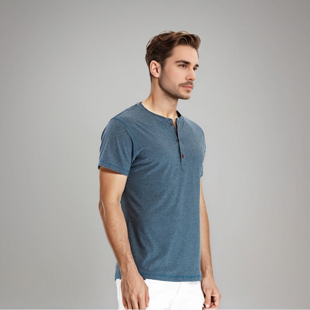 Stefan - Henley Kraag Slim Fit T Shirt met Korte Mouwen
