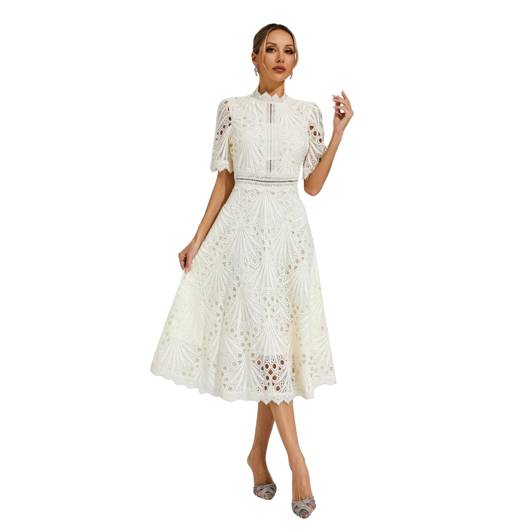 Elizabeth - Kant Jurk met Holle Details Ronde Hals en Middenkuit Lengte