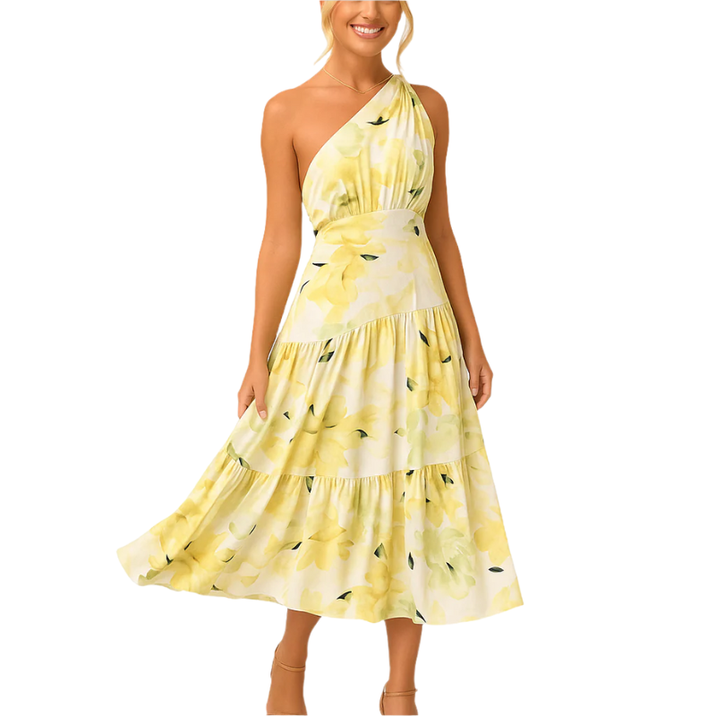 Isabelle – Lichte midi-jurk met bloemenprint, één schouder en gelaagde rok