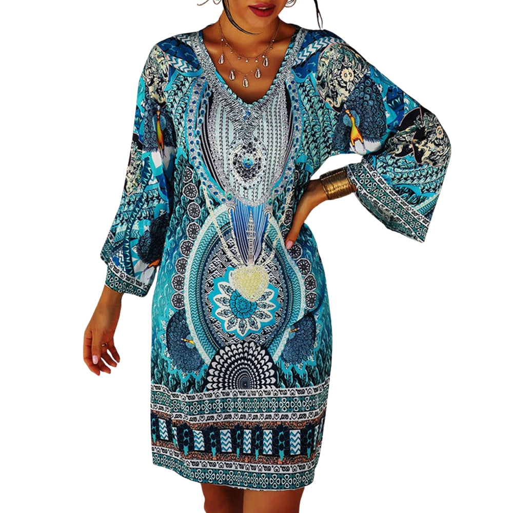 Liana - Stijlvolle Boho Minijurk met V-hals en lange mouwen