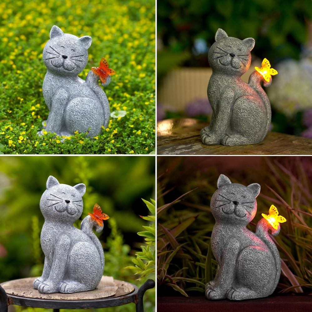 CatyLume - Zonne-kittenfiguur met vlinder en rond lantaarnlichaam voor tuindecoratie