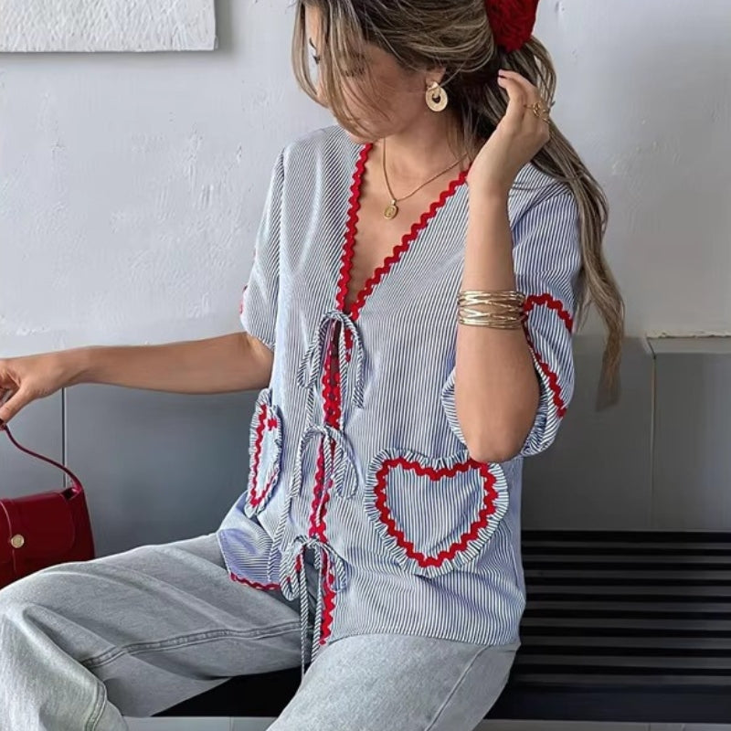 Luna – Blouse met Lange Mouwen V-Hals en Losse Pasvorm