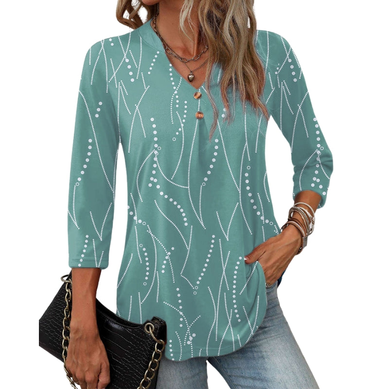 Isla – Bedrukte Blouse met V Hals en Knoopdetails
