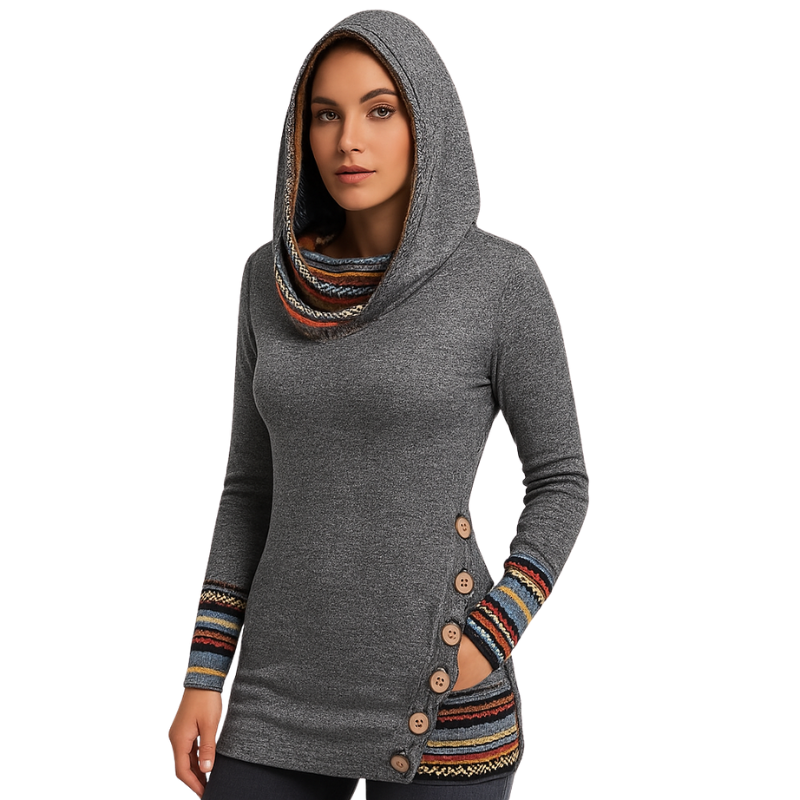 Emme – Gebreide Hoodie met Lange Mouwen, Knopen en Geometrische Strepen