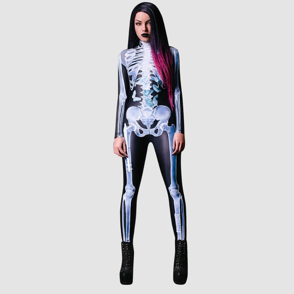 SkullWear – Skelet 3D Print Bodysuit met Lange Mouwen en Ritssluiting aan de Achterkant