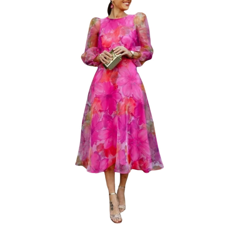 Angelika – Print Jurk met Lange Mouwen en Ronde Hals