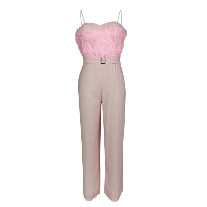 Aria – Mouwloze Off Schouder Jumpsuit met Veerdetails en Riemgesp