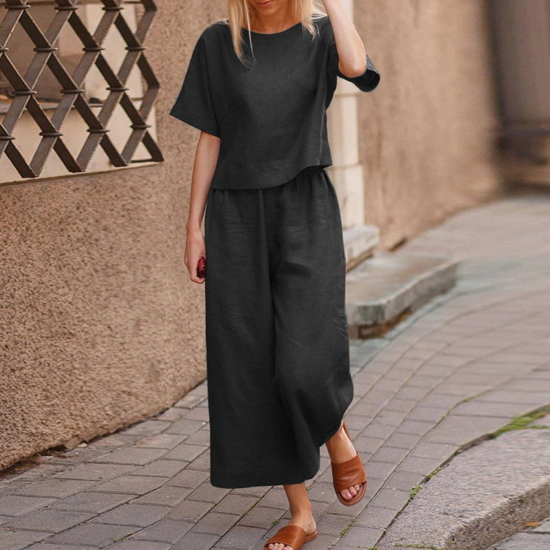 Sylvia – Elegante tweedelig set met top met korte mouwen en relaxte broek