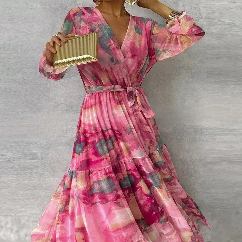 Olivia - Elegante Maxi Jurk met Bloemenprint en Lange Mouwen