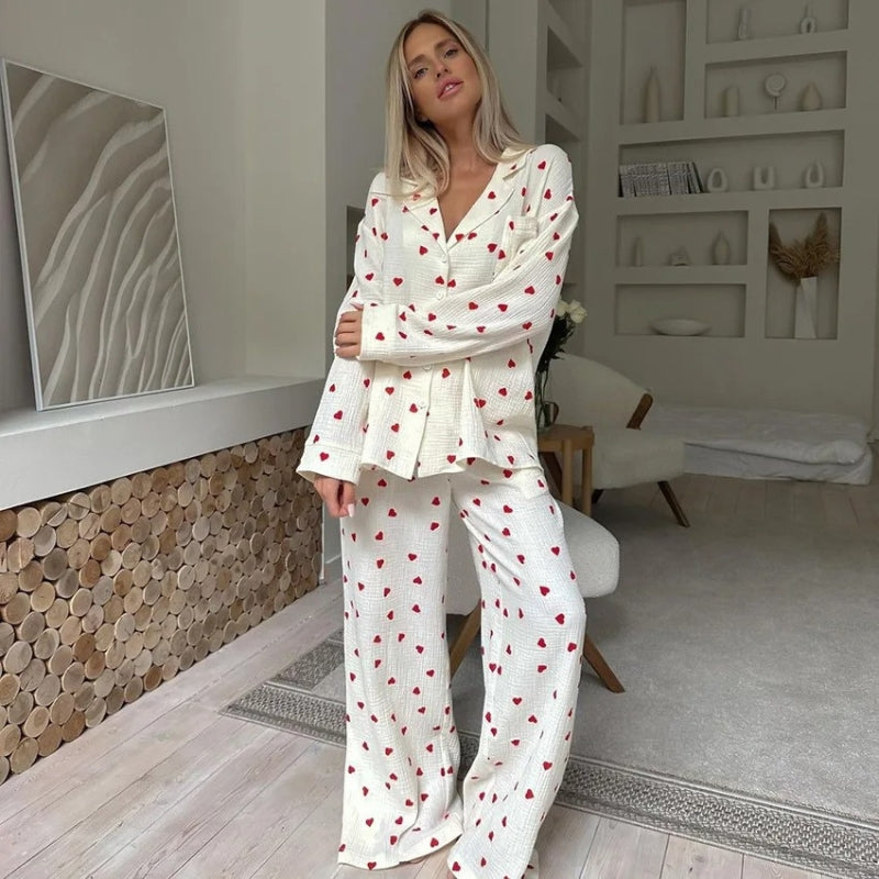 Luna - Hart Print Lounge Set met Knop Down Top en Wijde Broek