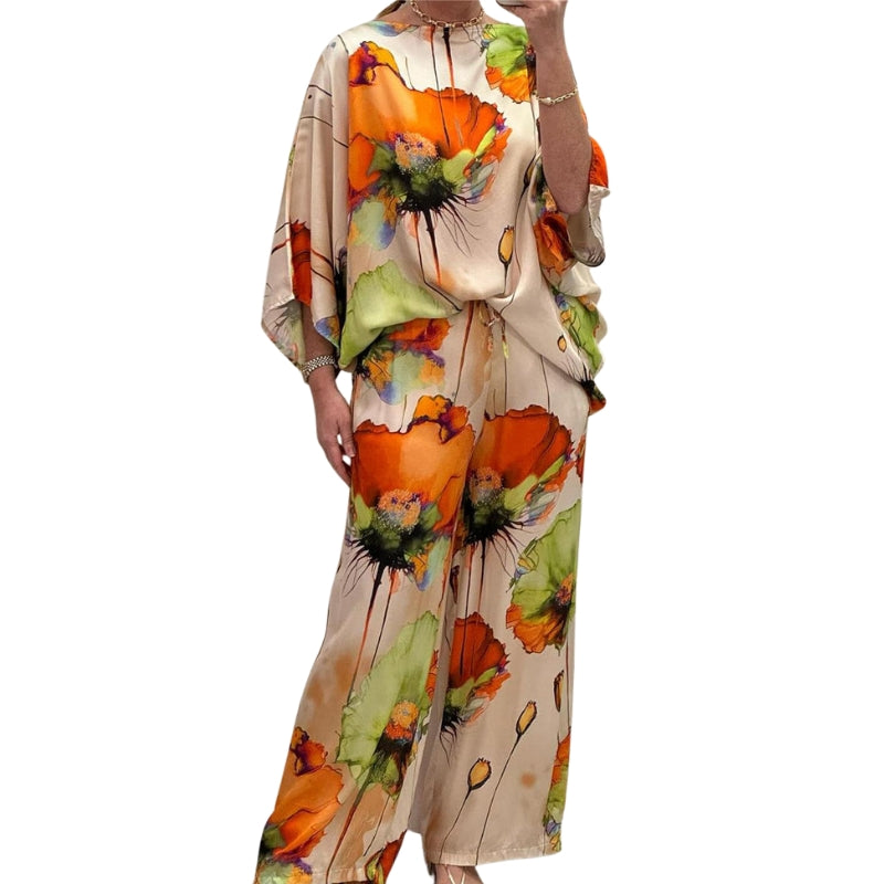 Alina – Casual Tweedelige Satijnen Set met Ronde Hals en Bloemenprint
