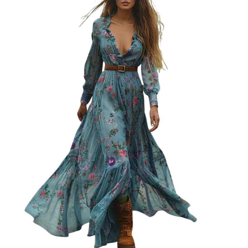 Maria - Bloemen Maxi Jurk met Lange Mouwen en V hals