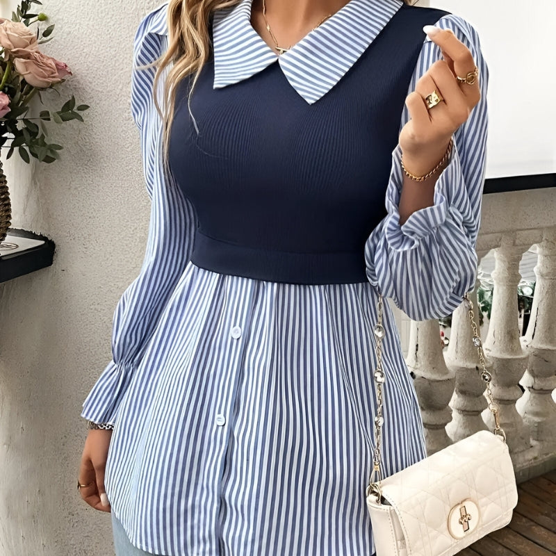 Wilma – Blouse met Lange Mouwen Reverskraag Knoopsluiting en Gestreept Patroon