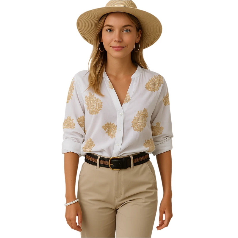 Isla – Blouse met lange mouwen, knoopsluiting en V-hals
