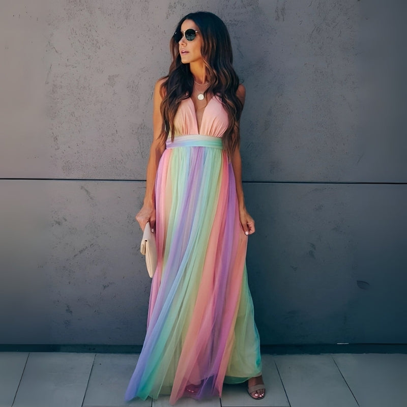 Kiera - Mouwloze Maxi Jurk met Regenboogprint en V Hals