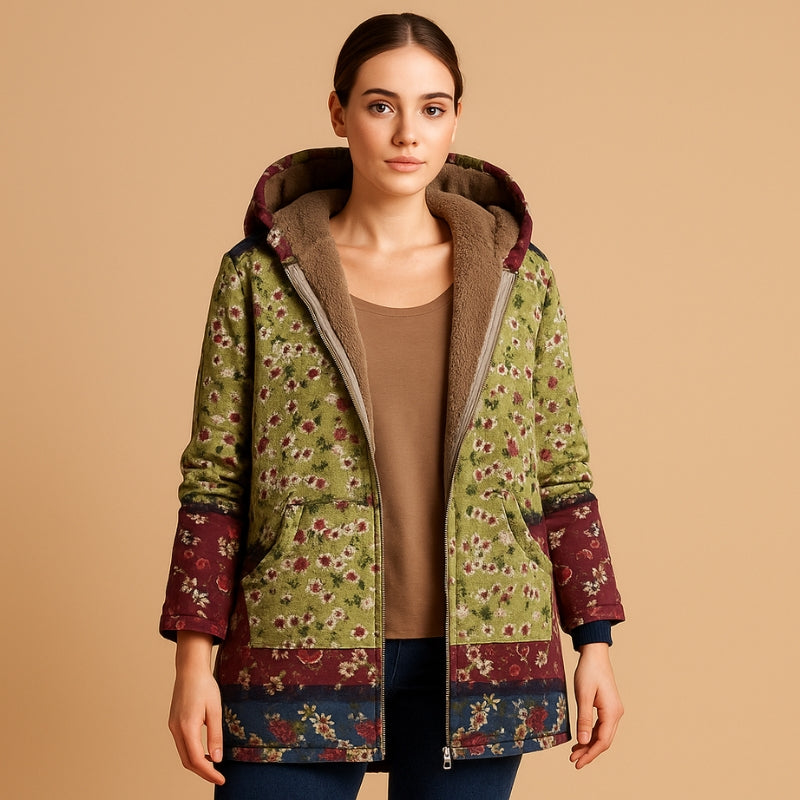 Vanessa - Capuchonjas met lange mouwen bloemenprint en rits