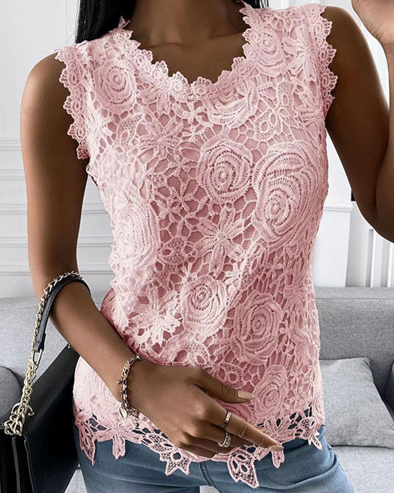 Elin - Lichtgewicht ronde hals kant mouwloze blouse