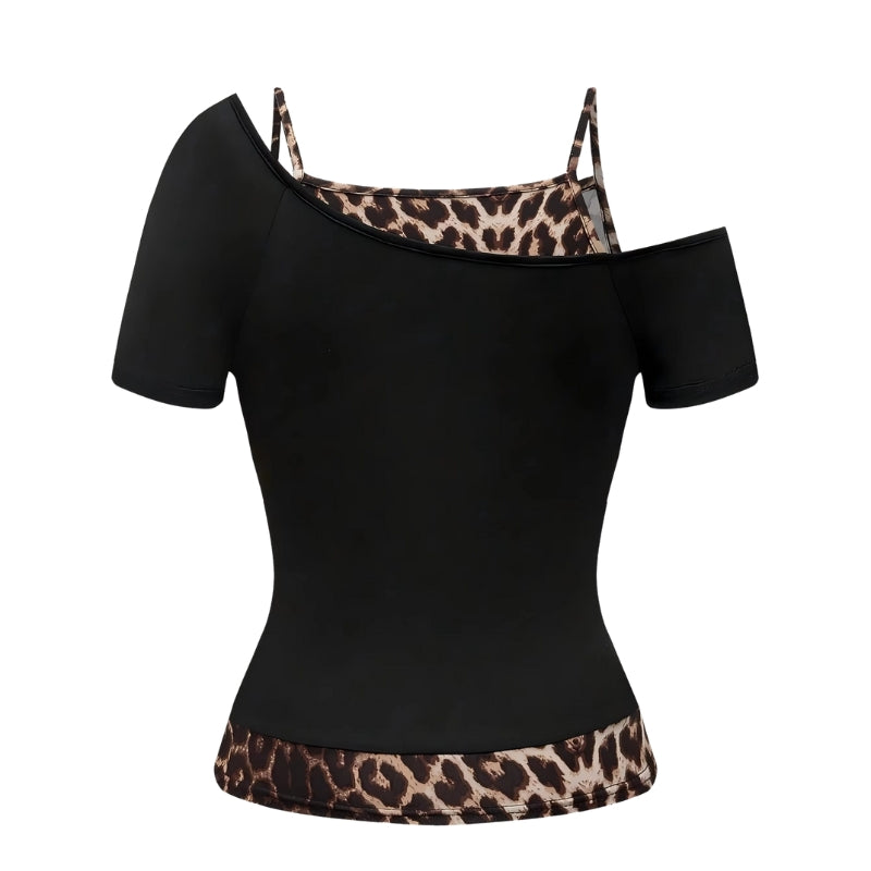 Lila - Off Shoulder Top met Luipaardprint en Korte Mouwen